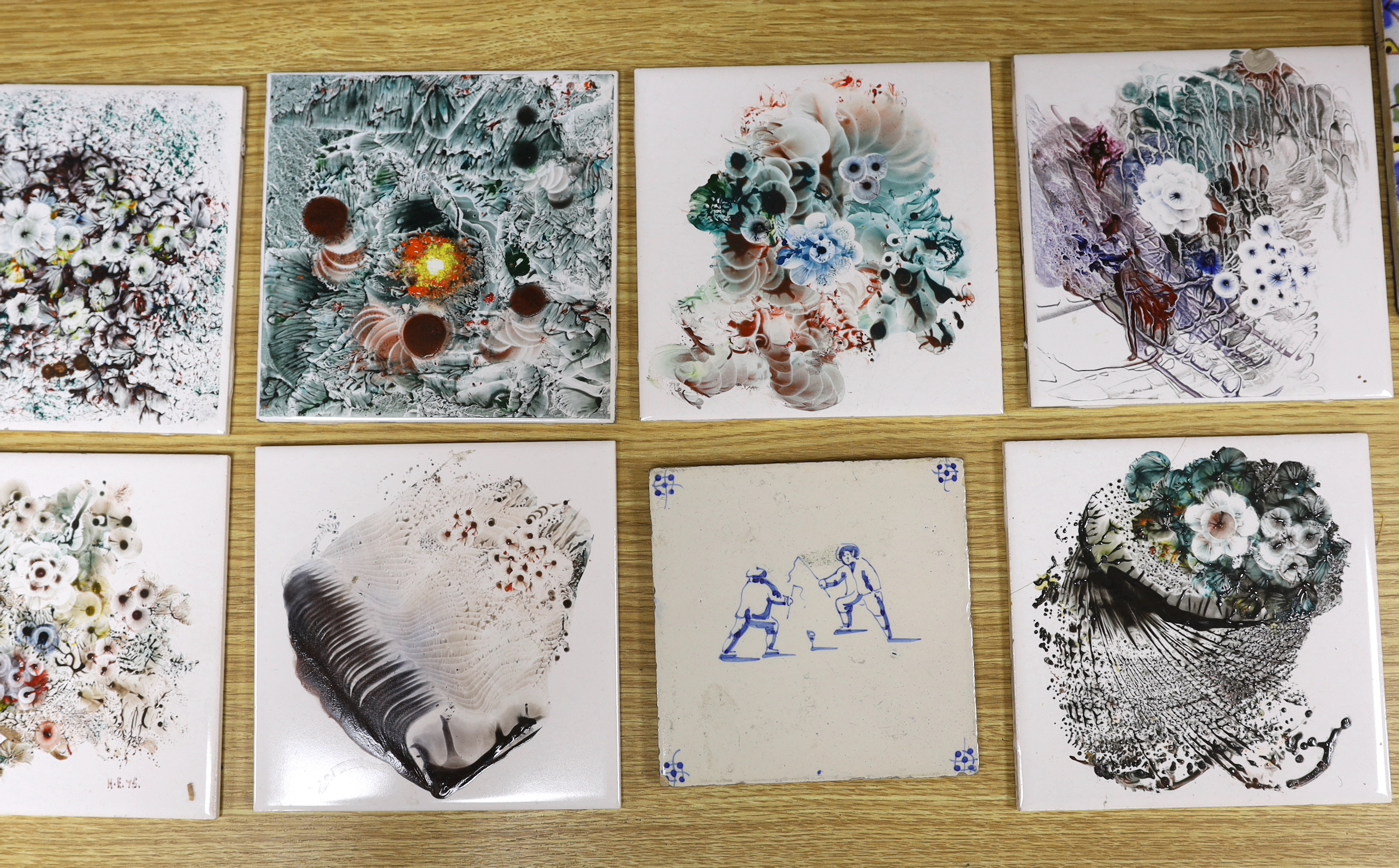 A group of tiles painted by Harold Elvin for H and R Johnson Ltd and earlier tin glazed tiles